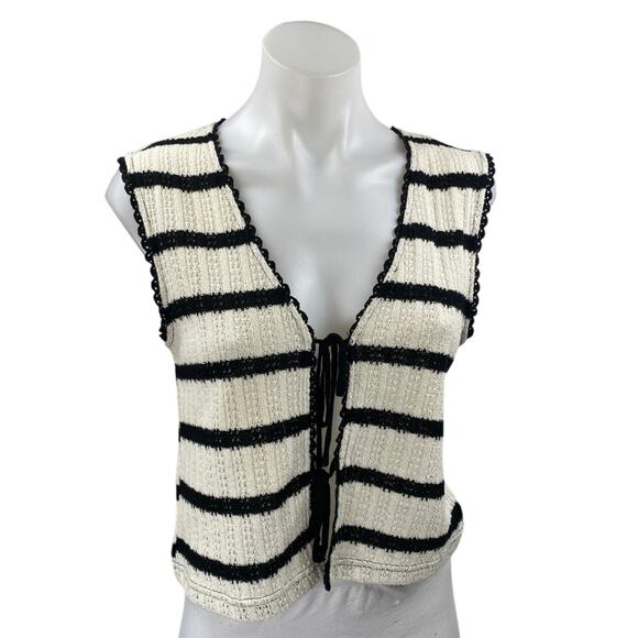 MNG Mango Women's Cream Black Striped Crochet Knit Sleeveless Crop Tank Top Sz S - Picture 1 of 4
